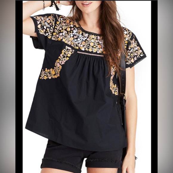 Madewell Top Womens XS Black Embroidered Floral Boho Short Sleeve Blouse Shirt - Picture 1 of 7